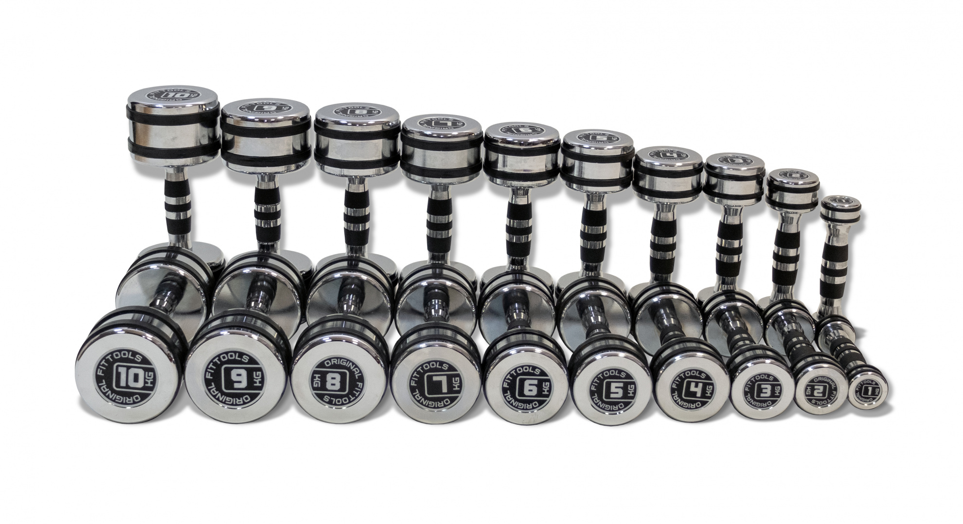Гантельный ряд Original FitTools хромированных 10 пар от 1 до 10 кг FT-CRDB-110-SET